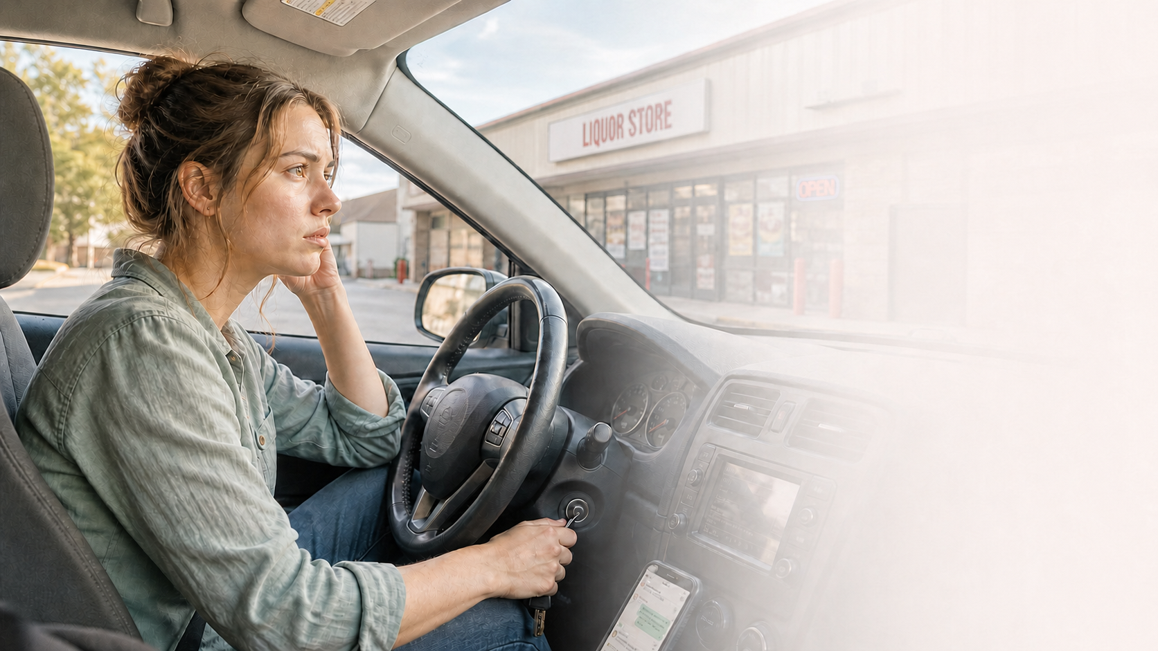 A person sitting in a parked car, looking toward a liquor store, with room for Shared Corners text beside the moment.